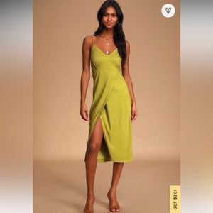 View and I Chartreuse Tie-Back Faux-Wrap Midi Dress